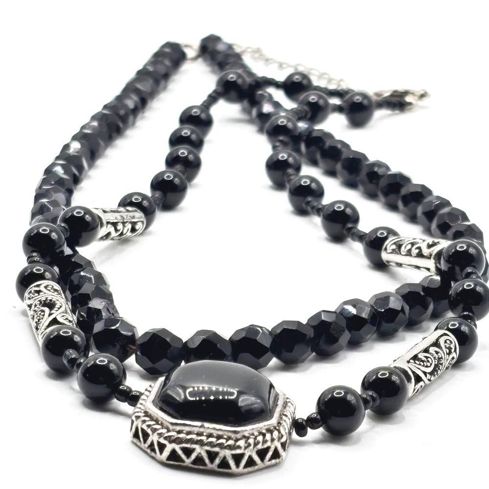 Goth Victorian Beaded Necklace Set Black Silver Tone Statement